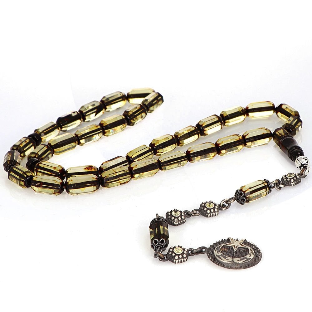 Kapsül Kesim Gümüş  Ayyıldız Püsküllü Damla Kehribar Tesbih