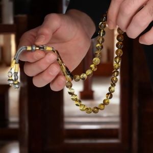 Gümüş Kazaz Püsküllü Fosilli Damla Kehribar Tesbih