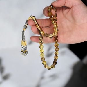 Gümüş Kazaz Püsküllü Fosilli Damla Kehribar Tesbih