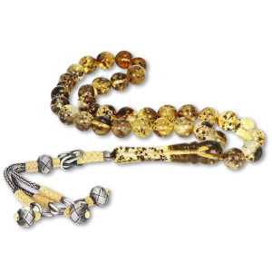 Gümüş Kazaz Püsküllü Fosilli Damla Kehribar Tesbih