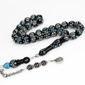 925 Ayar Gümüş Püsküllü Gümüş-Firuze İşlemeli Kuka Tesbih