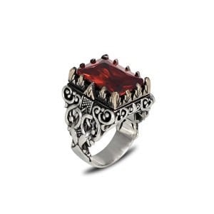 Kırmızı Zirkon Taşlı Desenli Model Erkek Gümüş Yüzük