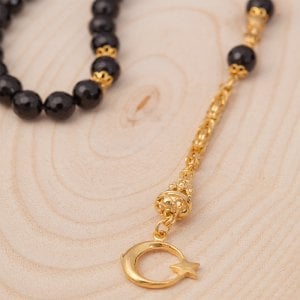 Kristal Kesim Altın Kaplama Gümüş Püsküllü Oniks Taşlı Tesbih