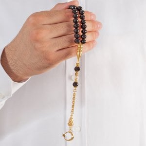 Kristal Kesim Altın Kaplama Gümüş Püsküllü Oniks Taşlı Tesbih