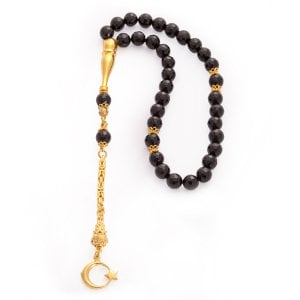 Kristal Kesim Altın Kaplama Gümüş Püsküllü Oniks Taşlı Tesbih