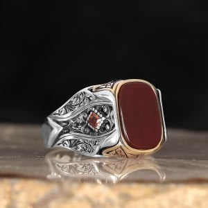 Kalem İşlemeli Akik Taşlı 925 Ayar Erkek Gümüş Yüzük