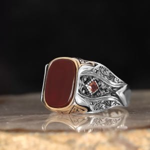 Kalem İşlemeli Akik Taşlı 925 Ayar Erkek Gümüş Yüzük