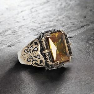 Kalem İşlemeli Sitrin Taşlı 925 Ayar Erkek Gümüş Yüzük