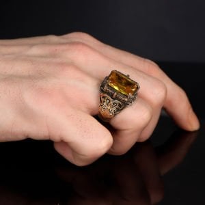 Kalem İşlemeli Sitrin Taşlı 925 Ayar Erkek Gümüş Yüzük