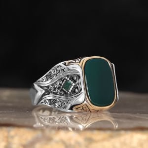 Kalem İşlemeli Yeşil Akik Taşlı 925 Ayar Erkek Gümüş Yüzük