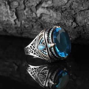 Blue Topaz Taşlı 925 Ayar Erkek Gümüş Yüzük