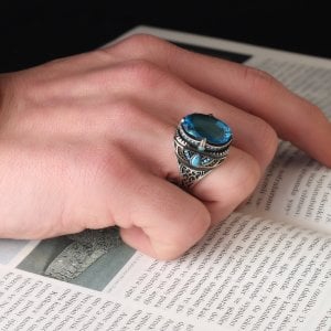 Blue Topaz Taşlı 925 Ayar Erkek Gümüş Yüzük
