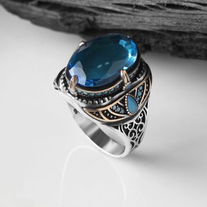 Blue Topaz Taşlı 925 Ayar Erkek Gümüş Yüzük
