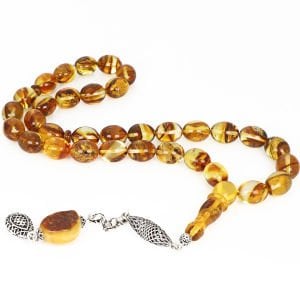 Doğal Fosilli Gümüş Püsküllü Damla Kehribar Tesbih