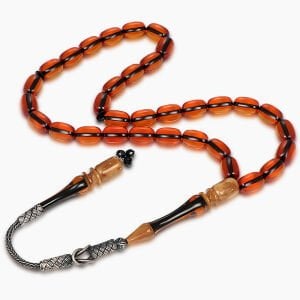 Özel İşçilikli Kuka İmameli Gümüş Kazaz Püsküllü Sıkma Kehribar Tesbih