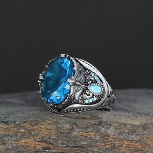 Floral Desenli Aqua Taşlı 925 Ayar Erkek Gümüş Yüzük