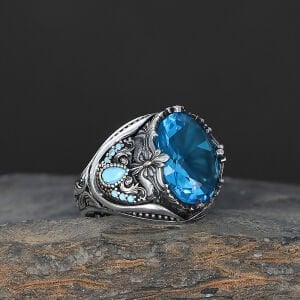 Floral Desenli Aqua Taşlı 925 Ayar Erkek Gümüş Yüzük