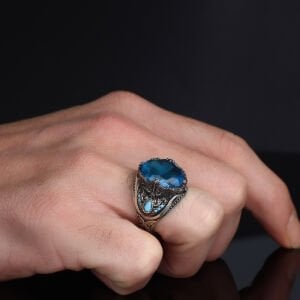 Floral Desenli Aqua Taşlı 925 Ayar Erkek Gümüş Yüzük