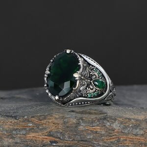 Floral Desenli Yeşil Zirkon Taşlı 925 Ayar Erkek Gümüş Yüzük