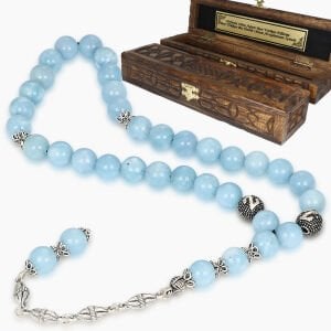 Gümüş Püsküllü Harfli Ceyt Doğaltaş Tesbih Kutulu