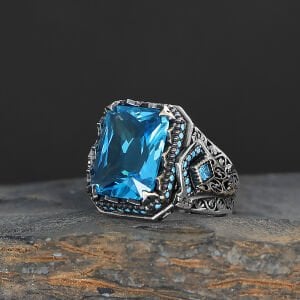 El İşlemeli Kare Kesim Aqua Taşlı 925 Ayar Gümüş Yüzük