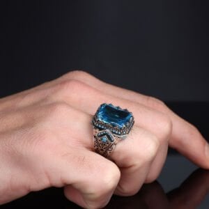 El İşlemeli Kare Kesim Aqua Taşlı 925 Ayar Gümüş Yüzük