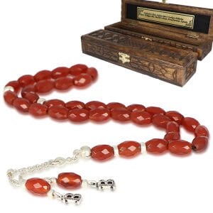 Gümüş Püsküllü Harfli Akik Doğaltaş Tesbih Kutulu