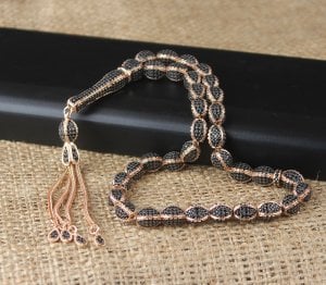 Siyah Zirkon Taşlı Gümüş İmameli 925 Ayar Gümüş Tesbih