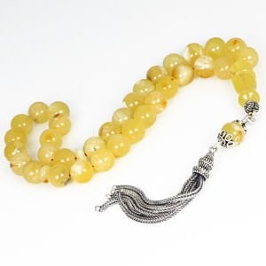 Doğal Fosilli Gümüş Püsküllü Damla Kehribar Tesbih