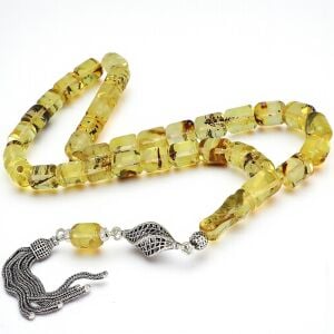 Kesme Model Gümüş Püsküllü Fosilli Damla Kehribar