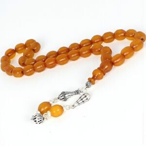 Eskitme Model Sıkma Kehribar Tesbih 925 Ayar Gümüş Püskül