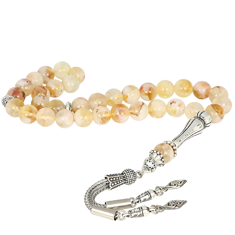 Gümüş Kaplama Metal Püsküllü Sitrin Taşlı Tesbih