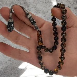 Gümüş Kazaz Püskül Fosilli Sertifikalı Doğal Damla Kehribar Tesbih