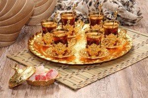 6'lı Çay Takımı Tiryaki Set Yuvarlak Tepsi - Altın