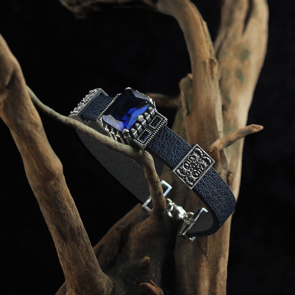 Zirkon Taşlı Derili 925 Ayar Erkek Gümüş Bileklik