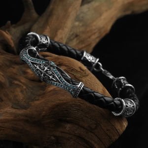 Desenli 925 Ayar Erkek Gümüş Deri Bileklik