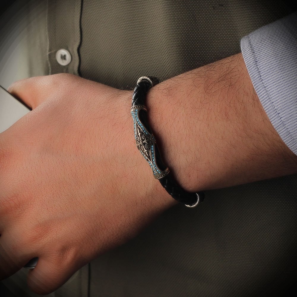 Desenli 925 Ayar Erkek Gümüş Deri Bileklik