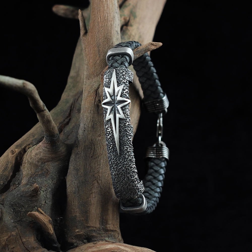 Kutup Yıldızı Model 925 Ayar Erkek Gümüş Deri Bileklik