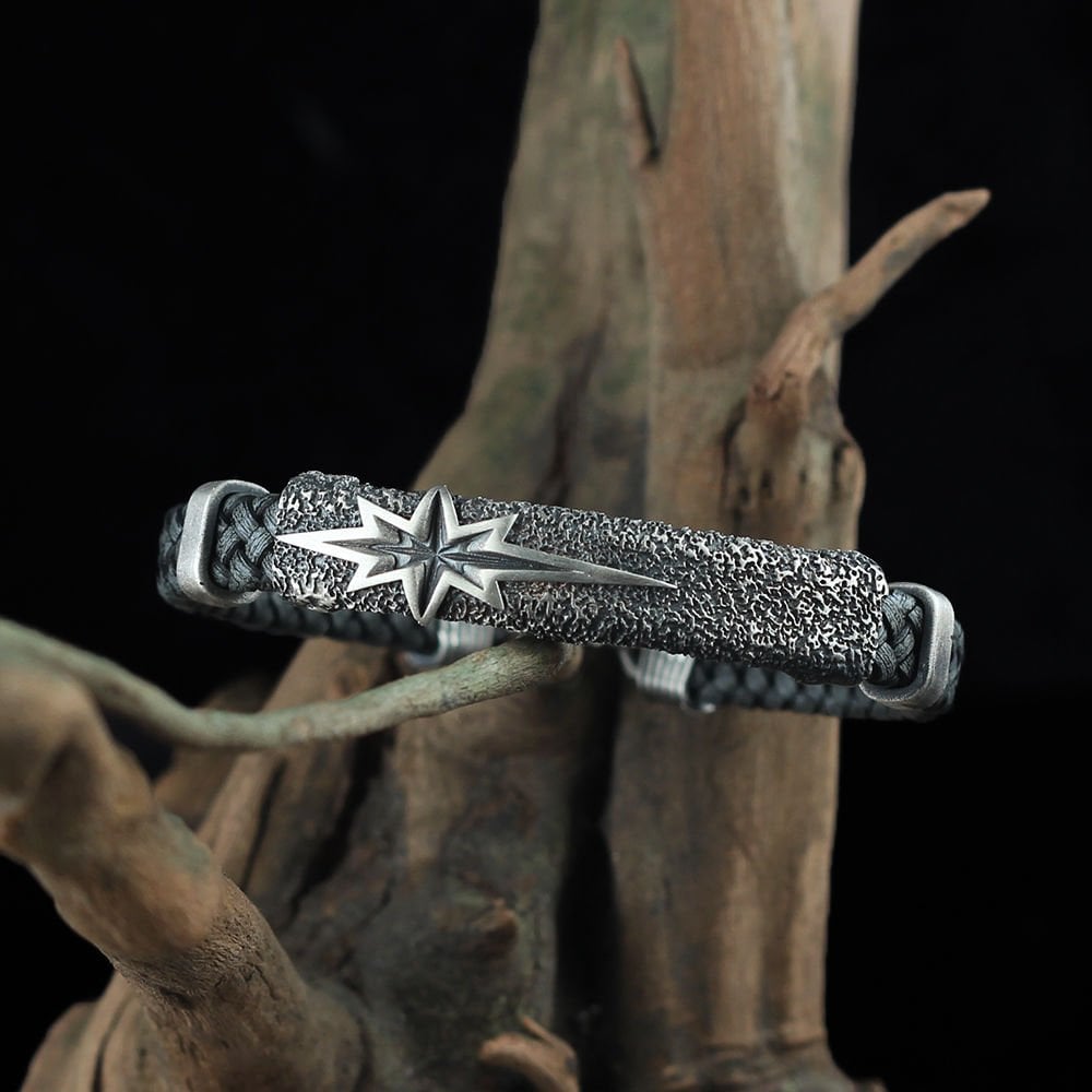 Kutup Yıldızı Model 925 Ayar Erkek Gümüş Deri Bileklik