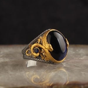 Rodaj Kaplama Mavi Kaplangözü Taşlı 925 Ayar Erkek Gümüş Yüzük