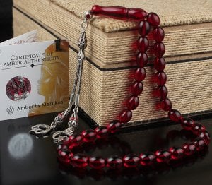 Sertifikalı Kırmızı Renk Orjinal Damla Kehribar Tesbih