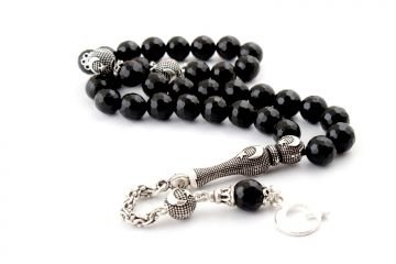 Faset Kesim Oniks Taşı Tesbih 925 Ayar Gümüş Püsküllü