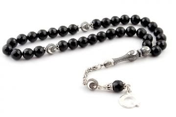 Faset Kesim Oniks Taşı Tesbih 925 Ayar Gümüş Püsküllü