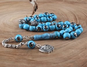 Gümüş Püsküllü Ayyıldız İşleme Firuze Taşı Tesbih