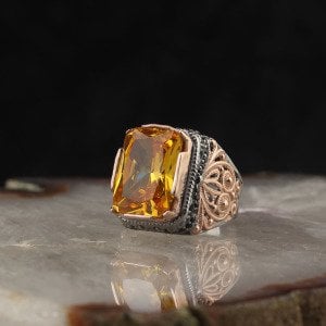 Rodaj Kaplama Sitrin Taşlı 925 Ayar Gümüş Erkek Yüzük