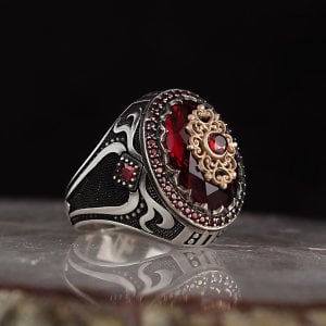 Kırmızı Zirkon Taşlı 925 Ayar Erkek Gümüş Yüzük