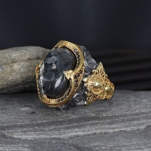 Rodaj Kaplamalı larvakit Taşlı  925 Ayar Erkek Gümüş Yüzük