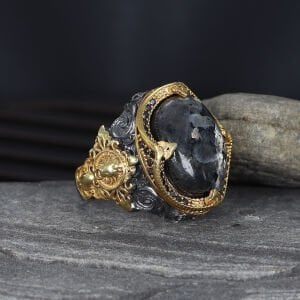 Rodaj Kaplamalı larvakit Taşlı  925 Ayar Erkek Gümüş Yüzük