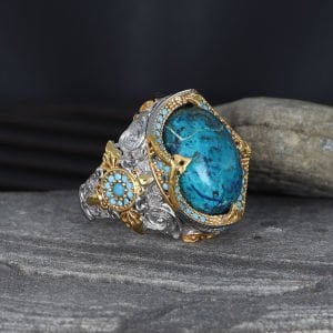 Rodaj Kaplamalı Firuze Taşlı  925 Ayar Erkek Gümüş Yüzük