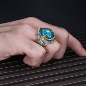 Rodaj Kaplamalı Firuze Taşlı  925 Ayar Erkek Gümüş Yüzük